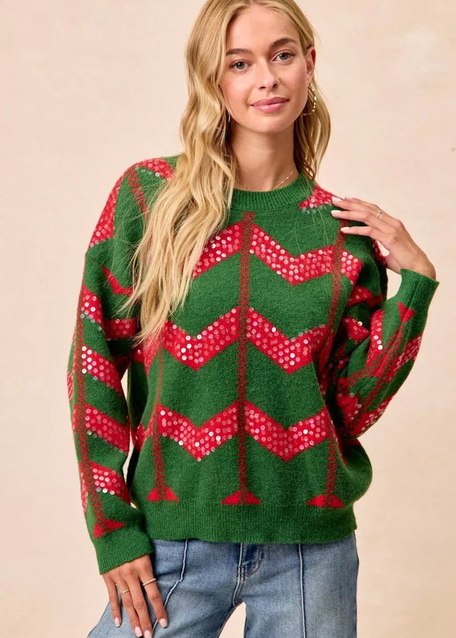 BiBi Christmas Theme Chevron Sequins Detail Sweater - Sleekdenim.com
