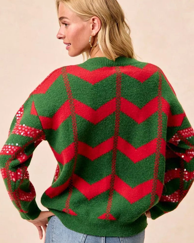 BiBi Christmas Theme Chevron Sequins Detail Sweater - Sleekdenim.com