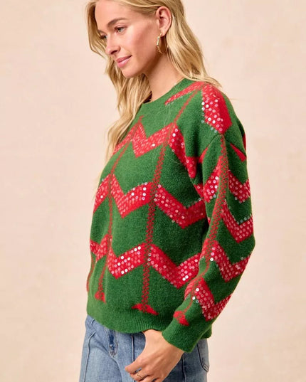 BiBi Christmas Theme Chevron Sequins Detail Sweater - Sleekdenim.com