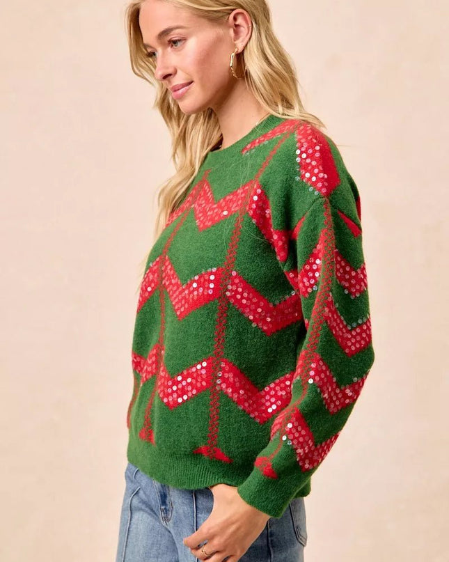 BiBi Christmas Theme Chevron Sequins Detail Sweater - Sleekdenim.com