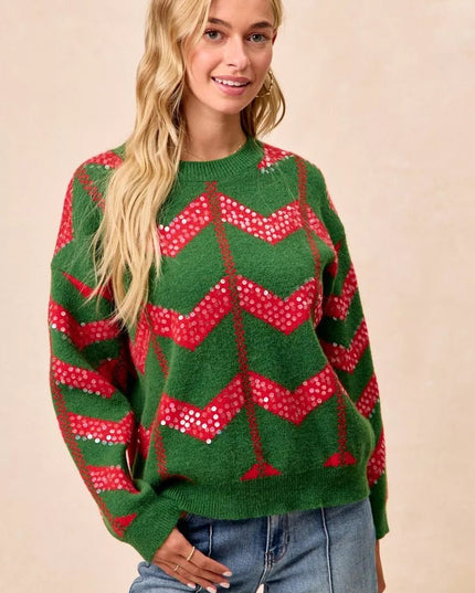 BiBi Christmas Theme Chevron Sequins Detail Sweater - Sleekdenim.com