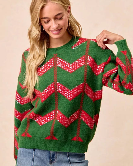 BiBi Christmas Theme Chevron Sequins Detail Sweater - Sleekdenim.com