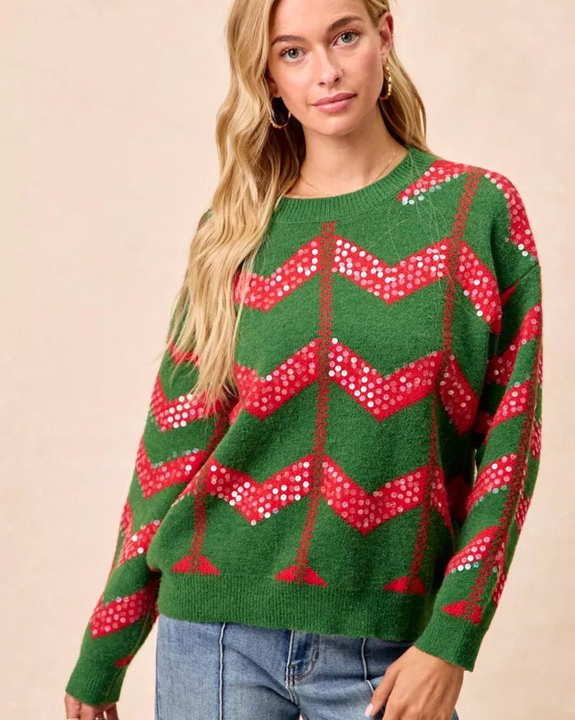 BiBi Christmas Theme Chevron Sequins Detail Sweater - Sleekdenim.com