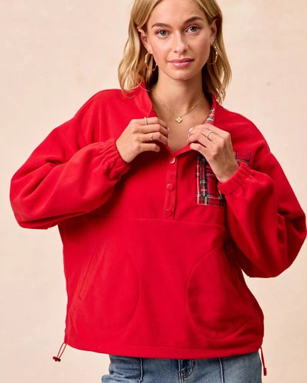 BiBi Christmas Theme Fleece Buttoned Top with Pockets - Sleekdenim.com