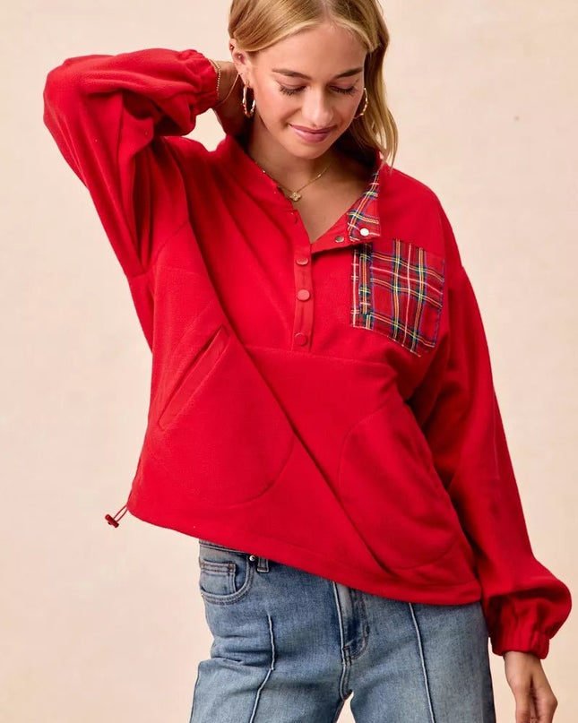 BiBi Christmas Theme Fleece Buttoned Top with Pockets - Sleekdenim.com