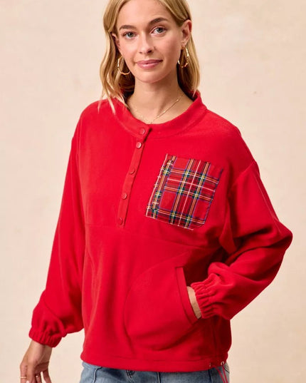 BiBi Christmas Theme Fleece Buttoned Top with Pockets - Sleekdenim.com
