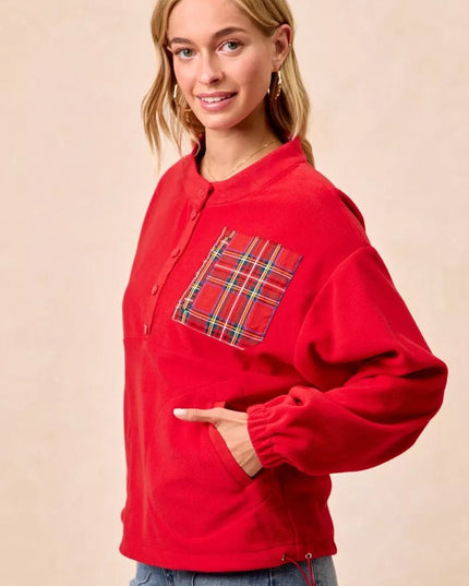 BiBi Christmas Theme Fleece Buttoned Top with Pockets - Sleekdenim.com