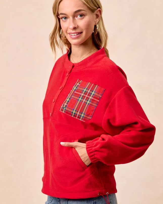 BiBi Christmas Theme Fleece Buttoned Top with Pockets - Sleekdenim.com