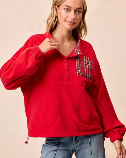 BiBi Christmas Theme Fleece Buttoned Top with Pockets - Sleekdenim.com