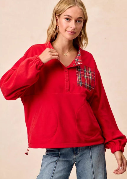 BiBi Christmas Theme Fleece Buttoned Top with Pockets - Sleekdenim.com