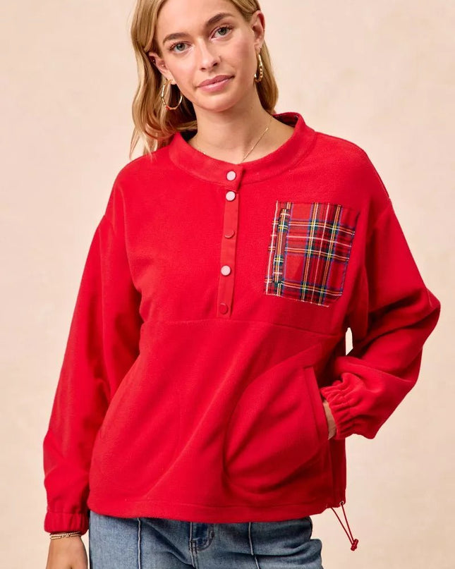 BiBi Christmas Theme Fleece Buttoned Top with Pockets - Sleekdenim.com