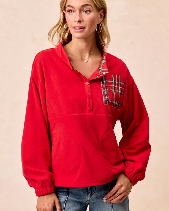 BiBi Christmas Theme Fleece Buttoned Top with Pockets - Sleekdenim.com