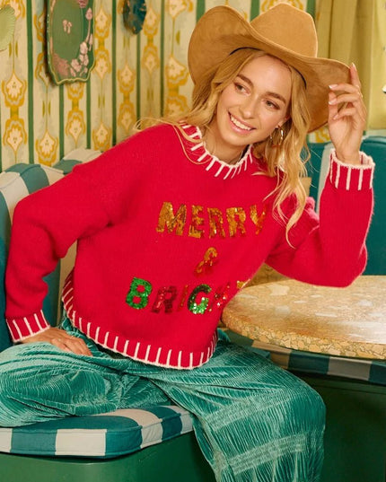 BiBi Christmas Theme Sequin Lattering Sweater - Sleekdenim.com