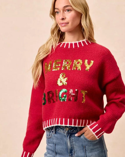 BiBi Christmas Theme Sequin Lattering Sweater - Sleekdenim.com