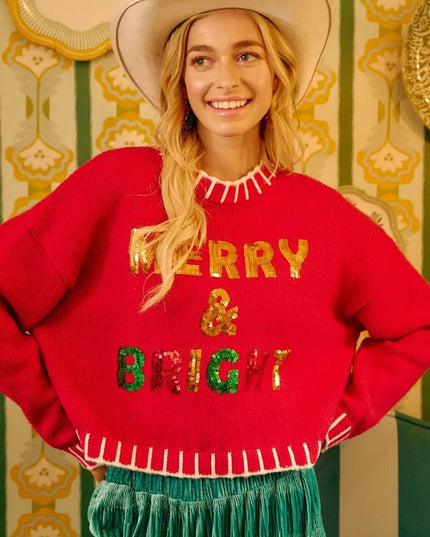 BiBi Christmas Theme Sequin Lattering Sweater - Sleekdenim.com