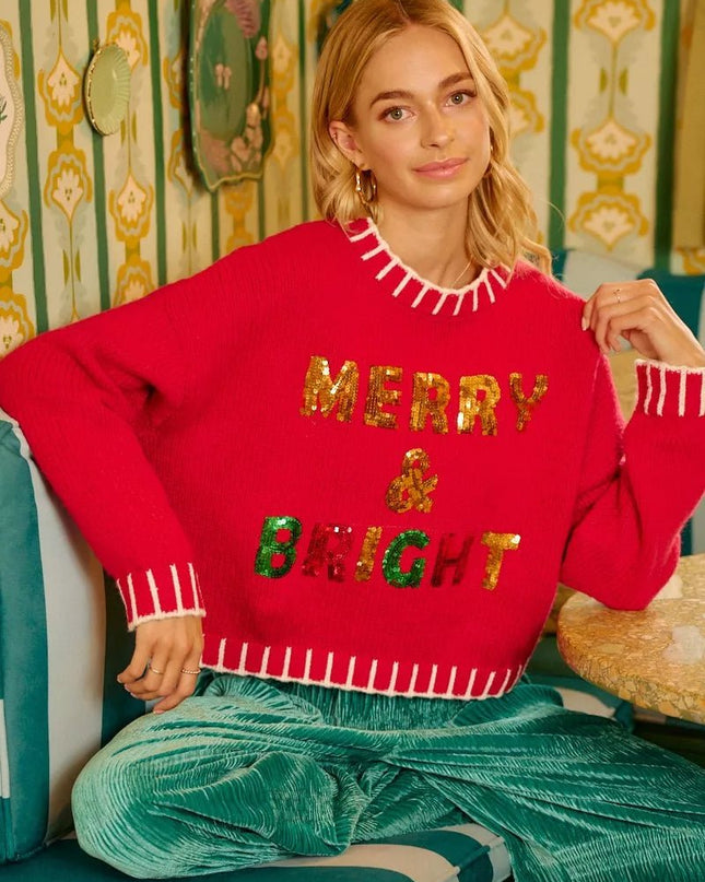 BiBi Christmas Theme Sequin Lattering Sweater - Sleekdenim.com