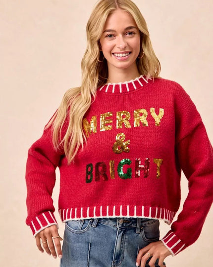BiBi Christmas Theme Sequin Lattering Sweater - Sleekdenim.com
