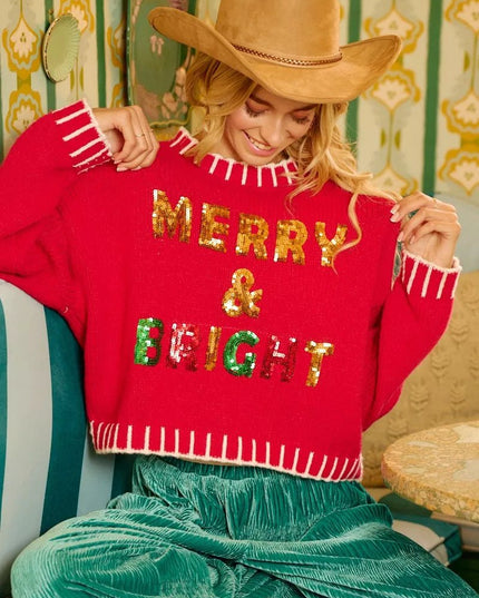 BiBi Christmas Theme Sequin Lattering Sweater - Sleekdenim.com