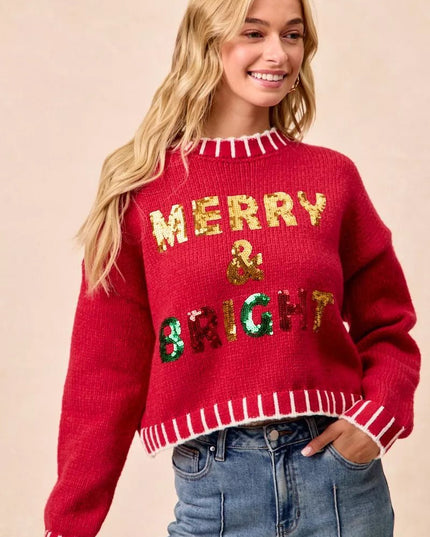 BiBi Christmas Theme Sequin Lattering Sweater - Sleekdenim.com