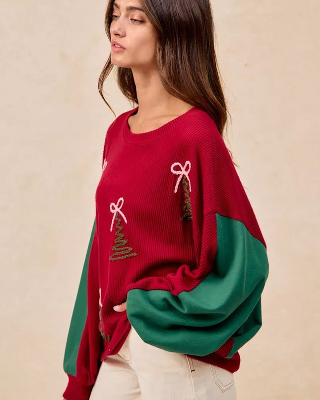 BiBi Christmas Theme Tree Embroidered Sweater - Sleekdenim.com