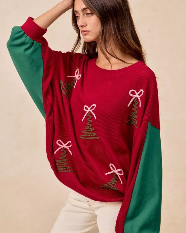 BiBi Christmas Theme Tree Embroidered Sweater - Sleekdenim.com