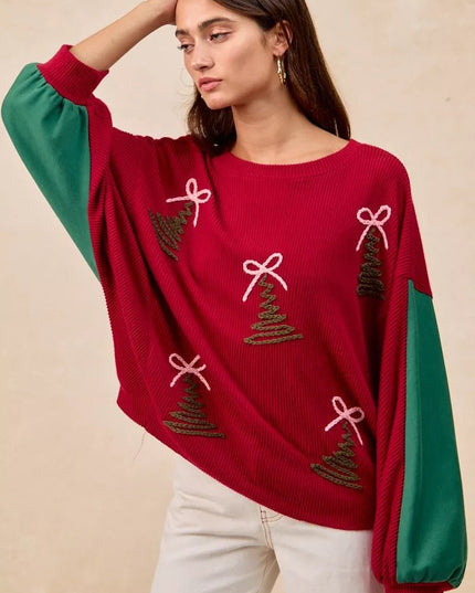 BiBi Christmas Theme Tree Embroidered Sweater - Sleekdenim.com