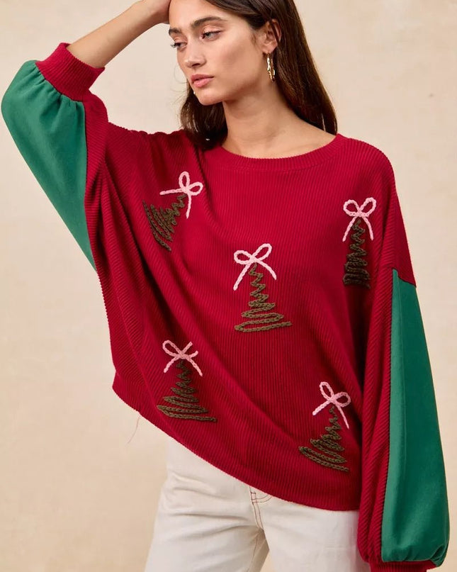 BiBi Christmas Theme Tree Embroidered Sweater - Sleekdenim.com