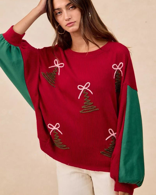 BiBi Christmas Theme Tree Embroidered Sweater - Sleekdenim.com