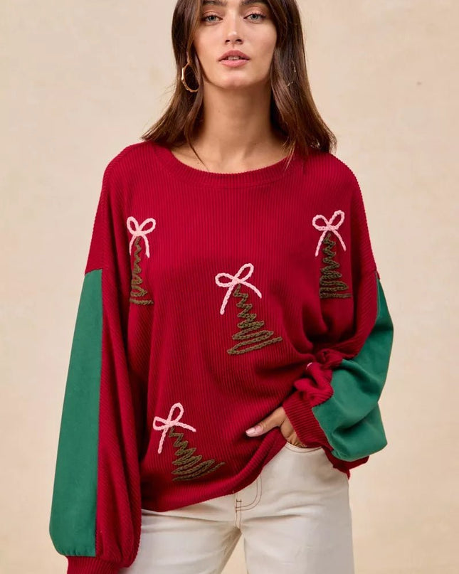BiBi Christmas Theme Tree Embroidered Sweater - Sleekdenim.com