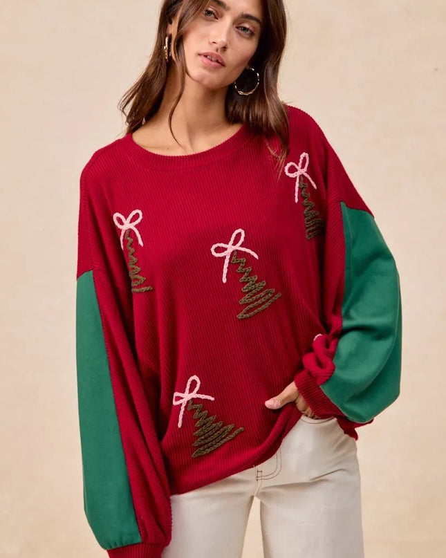 BiBi Christmas Theme Tree Embroidered Sweater - Sleekdenim.com