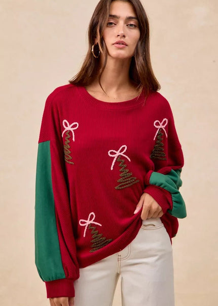 BiBi Christmas Theme Tree Embroidered Sweater - Sleekdenim.com