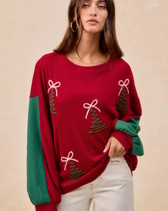 BiBi Christmas Theme Tree Embroidered Sweater - Sleekdenim.com