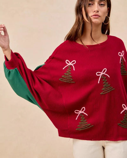 BiBi Christmas Theme Tree Embroidered Sweater - Sleekdenim.com