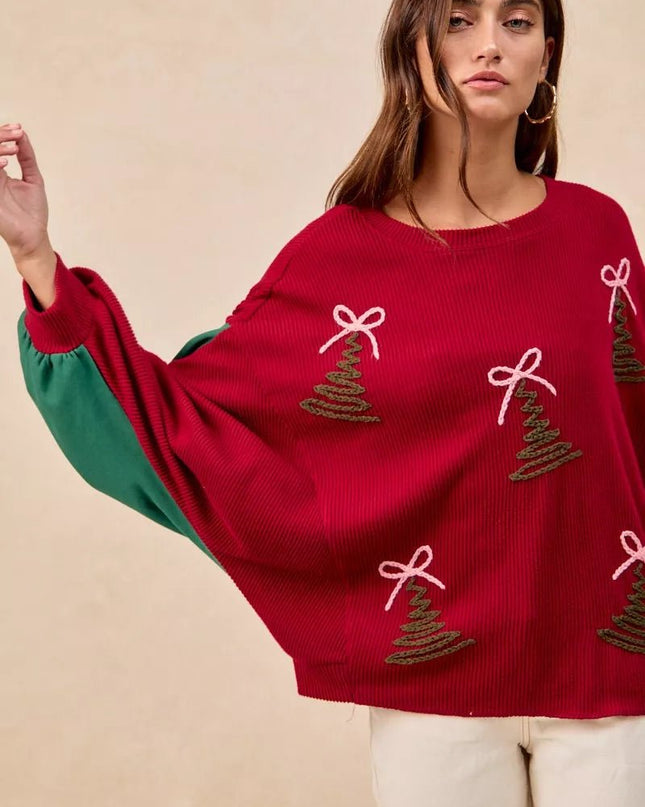 BiBi Christmas Theme Tree Embroidered Sweater - Sleekdenim.com