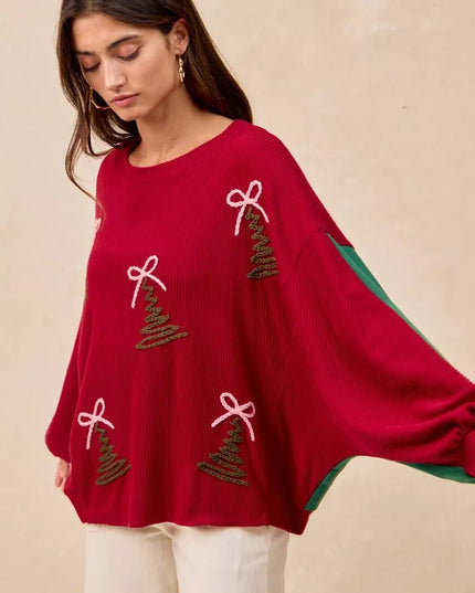 BiBi Christmas Theme Tree Embroidered Sweater - Sleekdenim.com