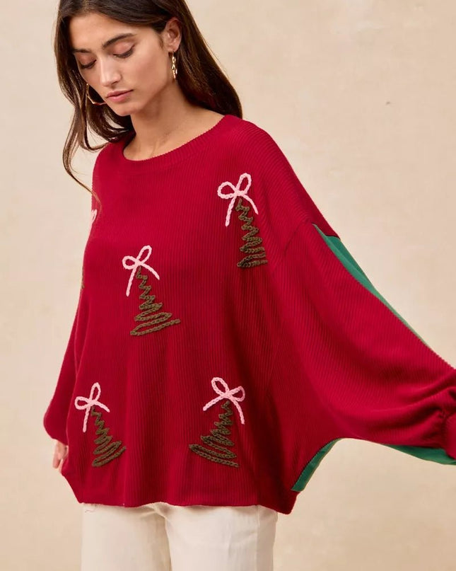 BiBi Christmas Theme Tree Embroidered Sweater - Sleekdenim.com