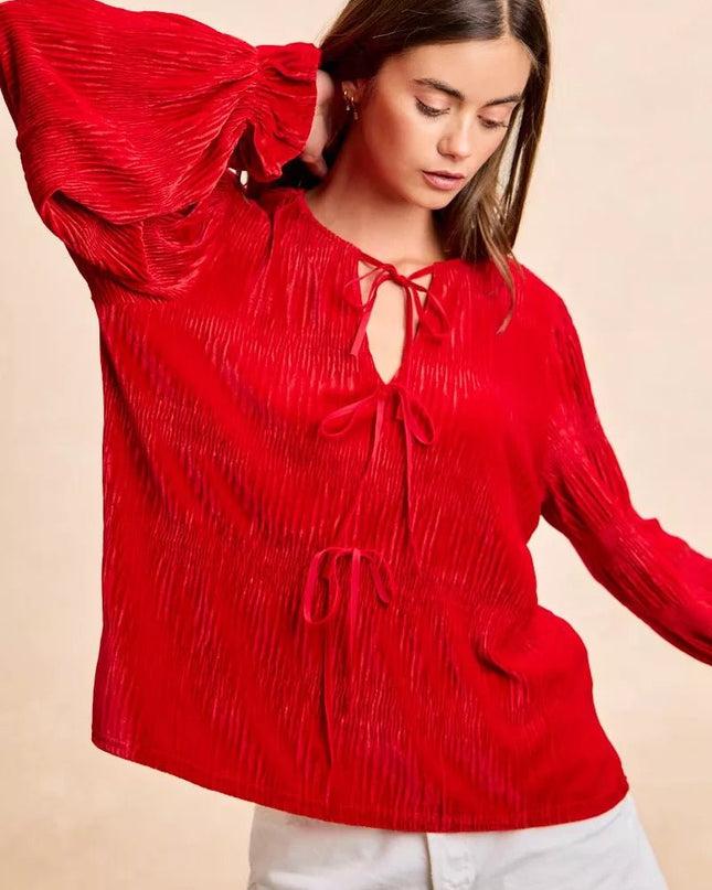 BiBi Christmas Theme Velvet Bow Tied Top With Neck Drop - Sleekdenim.com