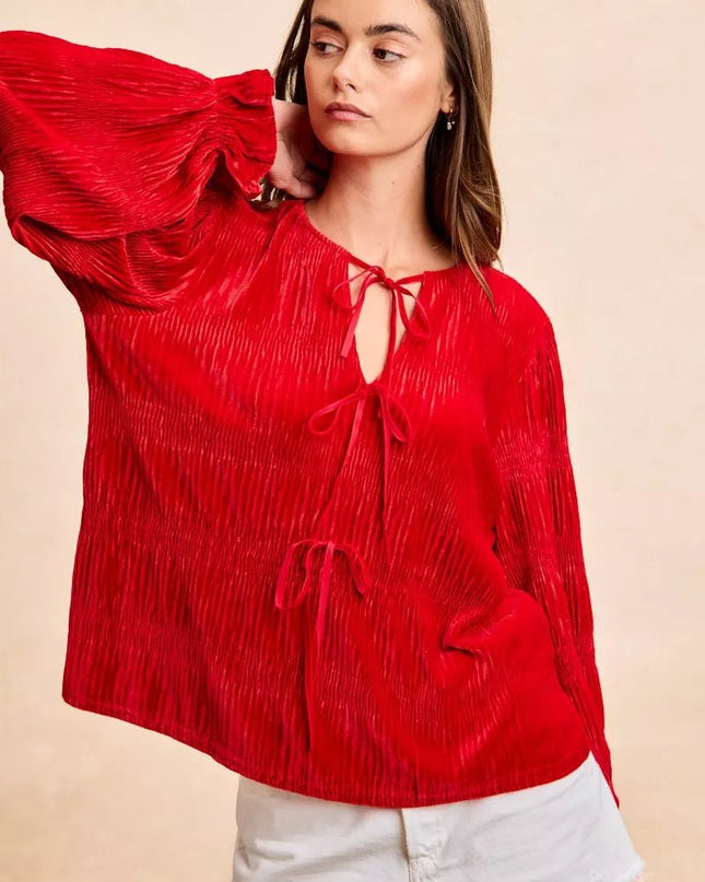 BiBi Christmas Theme Velvet Bow Tied Top With Neck Drop - Sleekdenim.com