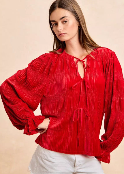 BiBi Christmas Theme Velvet Bow Tied Top With Neck Drop - Sleekdenim.com