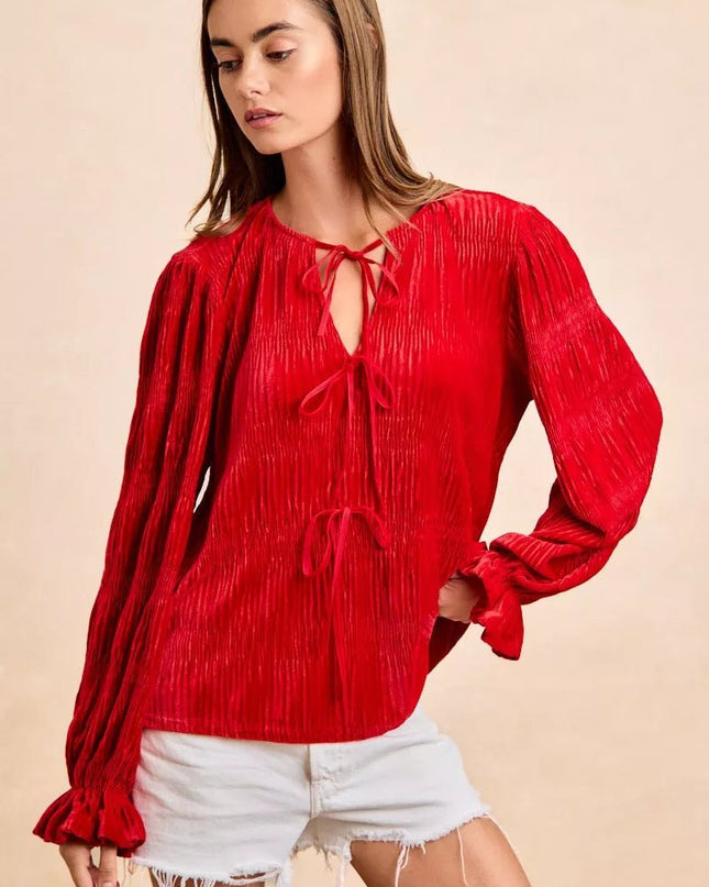 BiBi Christmas Theme Velvet Bow Tied Top With Neck Drop - Sleekdenim.com