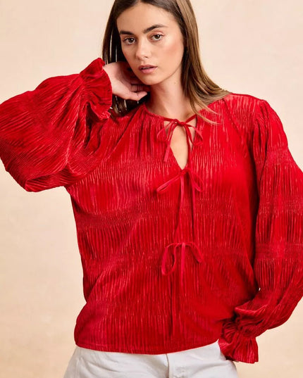 BiBi Christmas Theme Velvet Bow Tied Top With Neck Drop - Sleekdenim.com