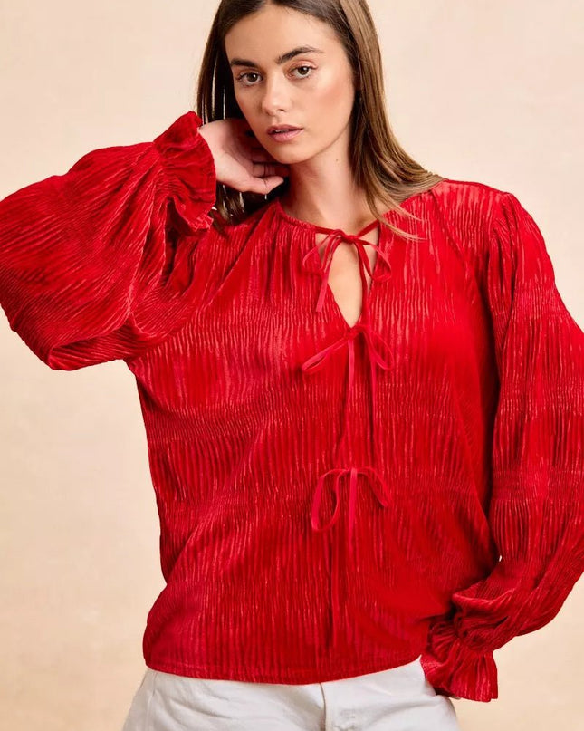 BiBi Christmas Theme Velvet Bow Tied Top With Neck Drop - Sleekdenim.com