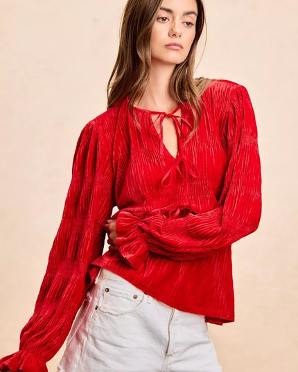 BiBi Christmas Theme Velvet Bow Tied Top With Neck Drop - Sleekdenim.com