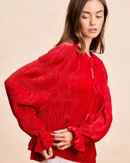 BiBi Christmas Theme Velvet Bow Tied Top With Neck Drop - Sleekdenim.com