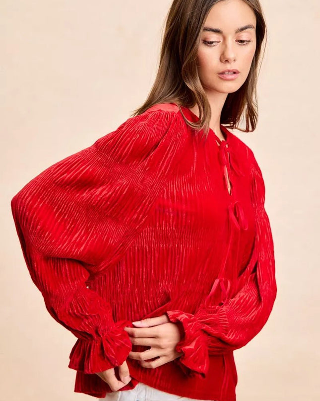 BiBi Christmas Theme Velvet Bow Tied Top With Neck Drop - Sleekdenim.com