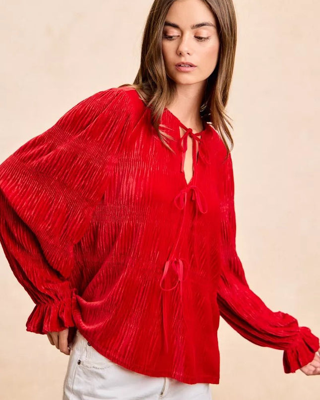 BiBi Christmas Theme Velvet Bow Tied Top With Neck Drop - Sleekdenim.com