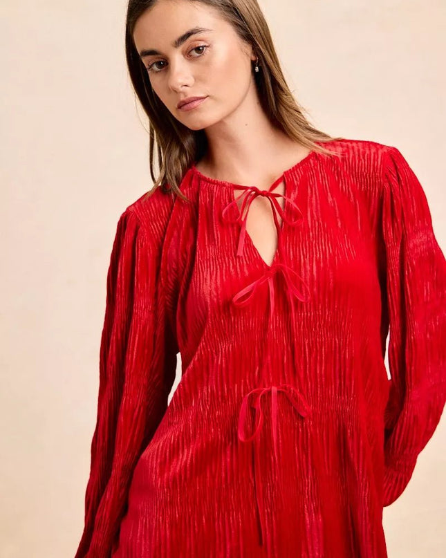 BiBi Christmas Theme Velvet Bow Tied Top With Neck Drop - Sleekdenim.com