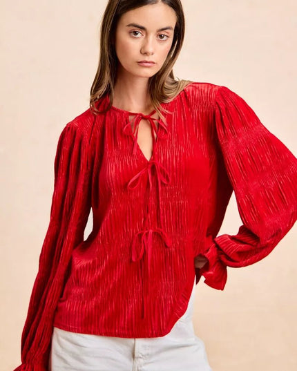 BiBi Christmas Theme Velvet Bow Tied Top With Neck Drop - Sleekdenim.com