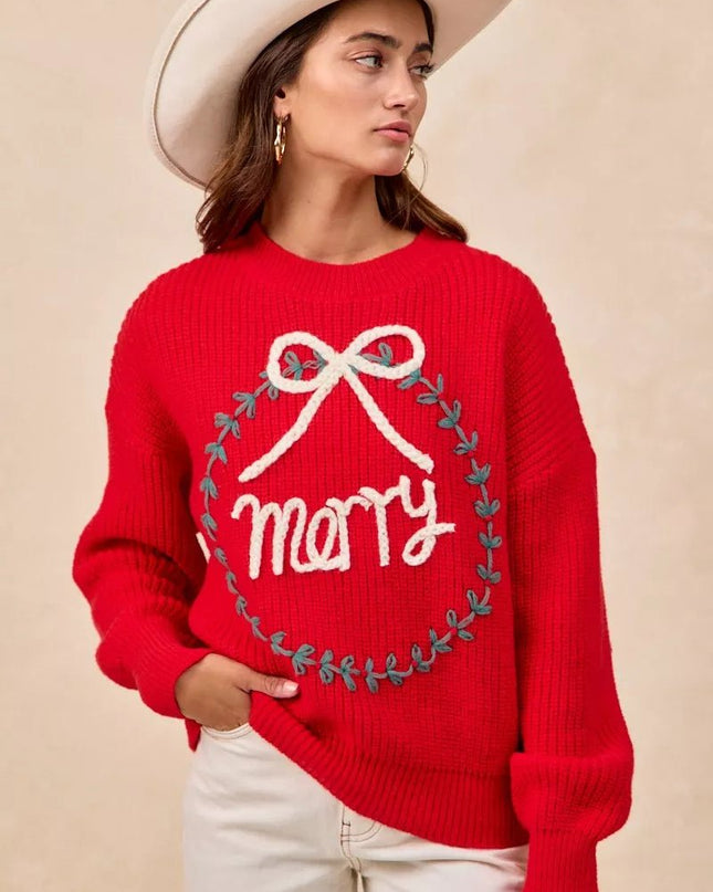 BiBi Christmas Wreath Merry Letter Knit Top - Sleekdenim.com