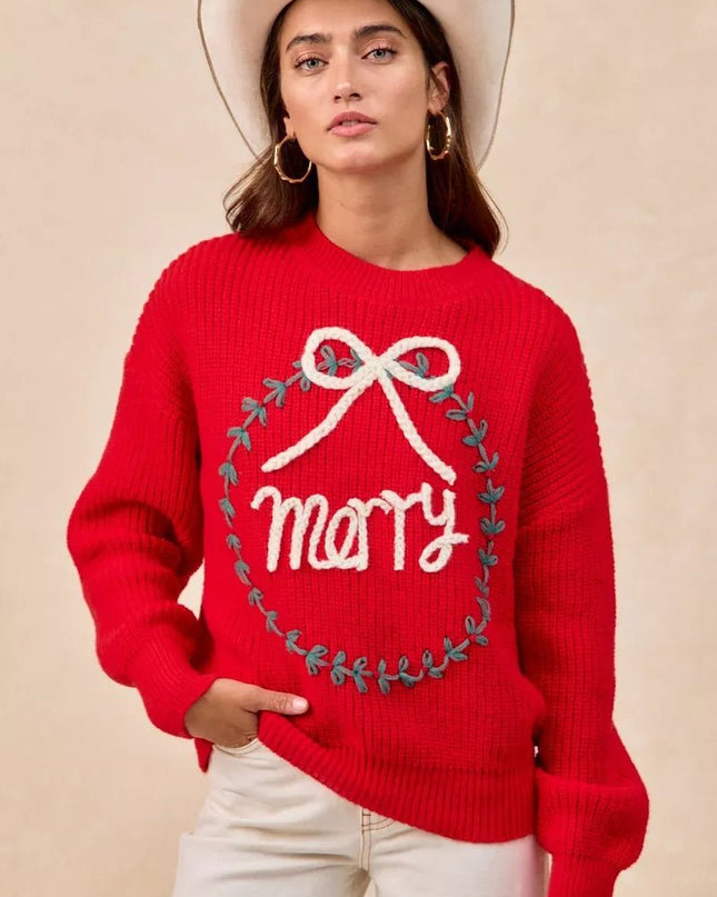 BiBi Christmas Wreath Merry Letter Knit Top - Sleekdenim.com
